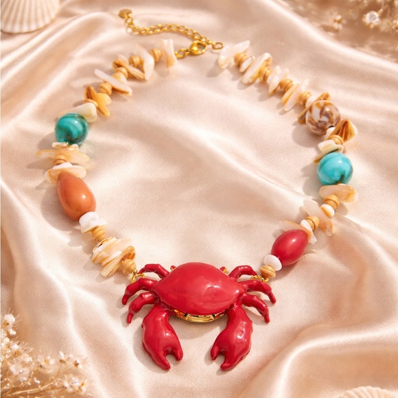 Red Crab Coastal Multicolor Beaded Gold Necklace - Picture 3 of 9